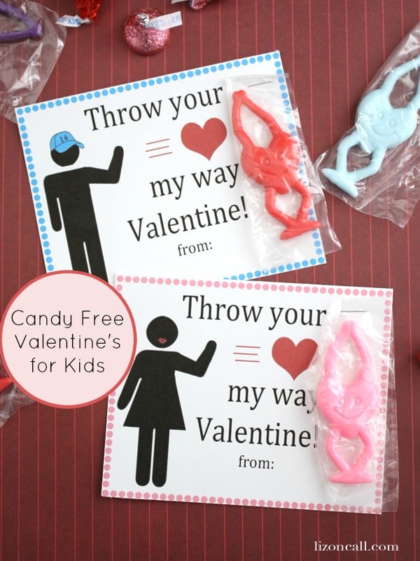 Candy free valentines free printables. Perfect for kids to pass out to their friends at school. We attached these stretchy fling hearts - lizoncall.com