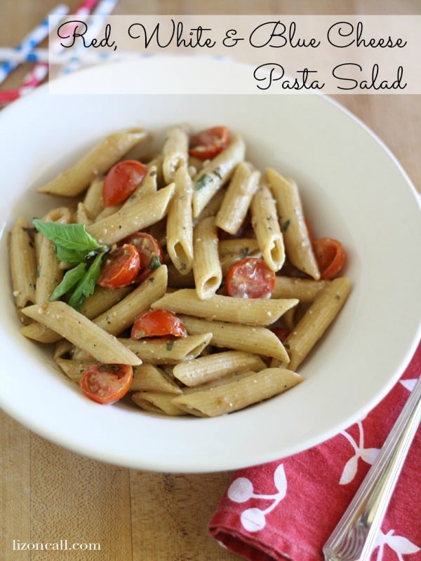 Red, white and blue cheese pasta salad a perfect side dish for your summer BBQs. - lizoncall.com